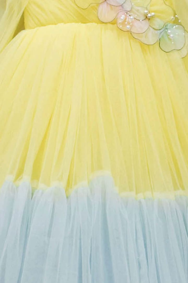 Lemon Yellow & Powder Blue Net Layered Gown For Girls by Fayon Kids at Pernia's Pop Up Shop