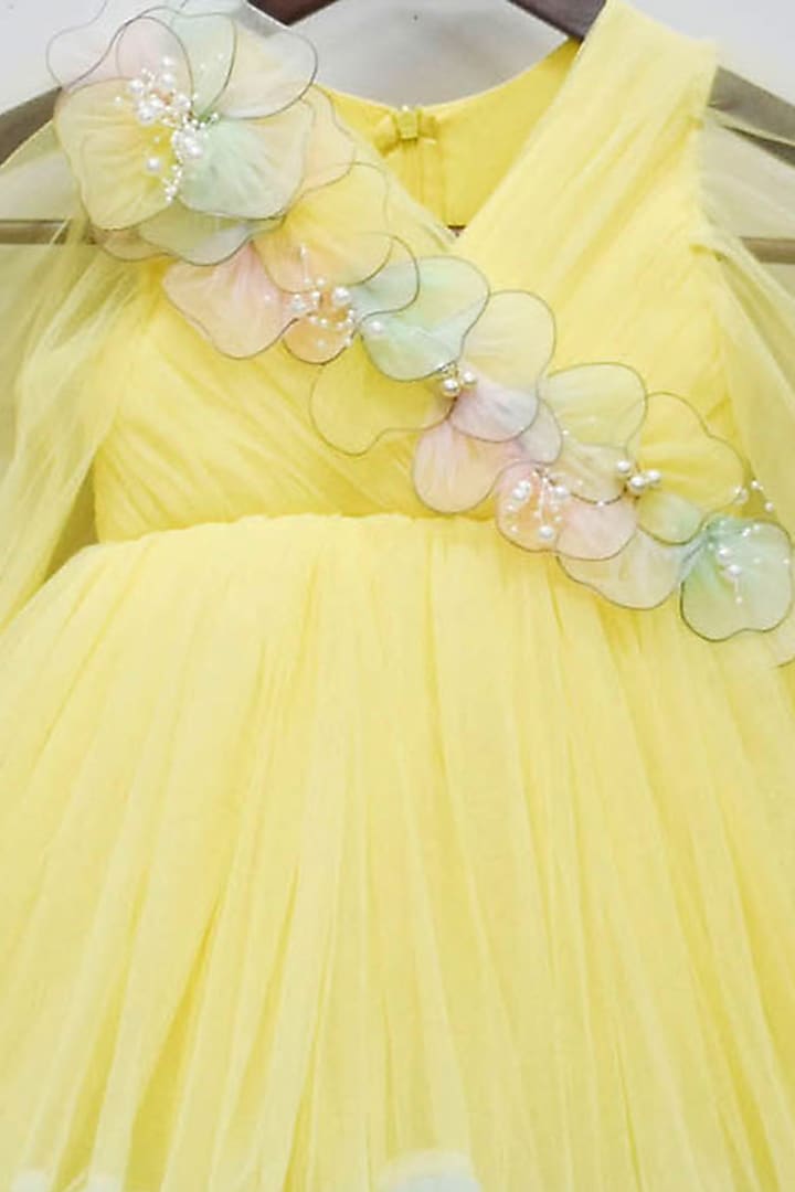 Lemon Yellow & Powder Blue Net Layered Gown For Girls by Fayon Kids at Pernia's Pop Up Shop