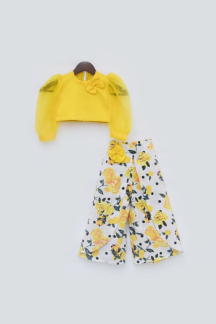 Yellow & White Printed Pant Set For Girls by Fayon Kids