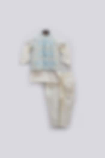 Off-White Kurta Set With Powder Blue Nehru Jacket For Boys by Fayon Kids