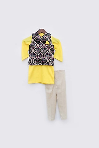 Yellow Kurta Set With Midnight Blue Nehru Jacket For Boys by Fayon Kids
