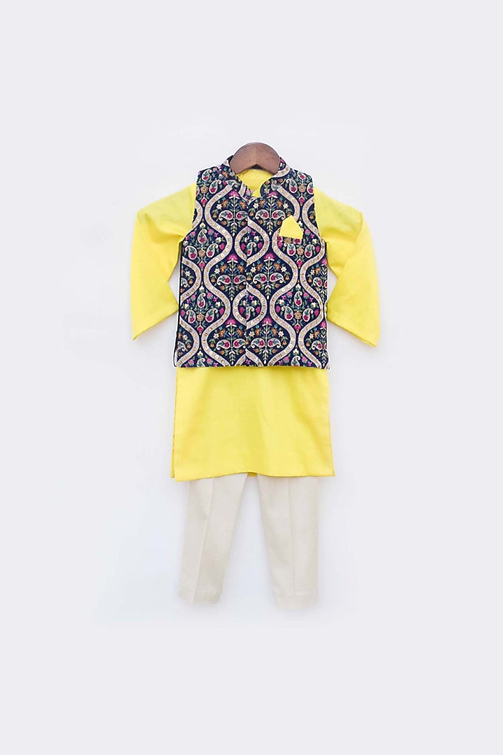 Yellow Kurta Set With Midnight Blue Nehru Jacket For Boys by Fayon Kids at Pernia's Pop Up Shop