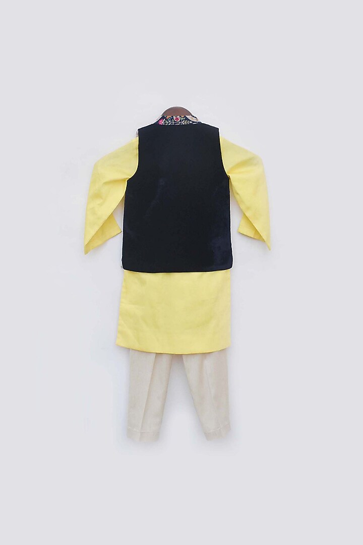 Yellow Kurta Set With Midnight Blue Nehru Jacket For Boys by Fayon Kids at Pernia's Pop Up Shop