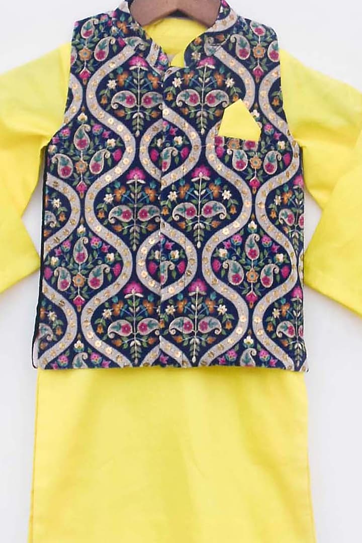 Yellow Kurta Set With Midnight Blue Nehru Jacket For Boys by Fayon Kids at Pernia's Pop Up Shop