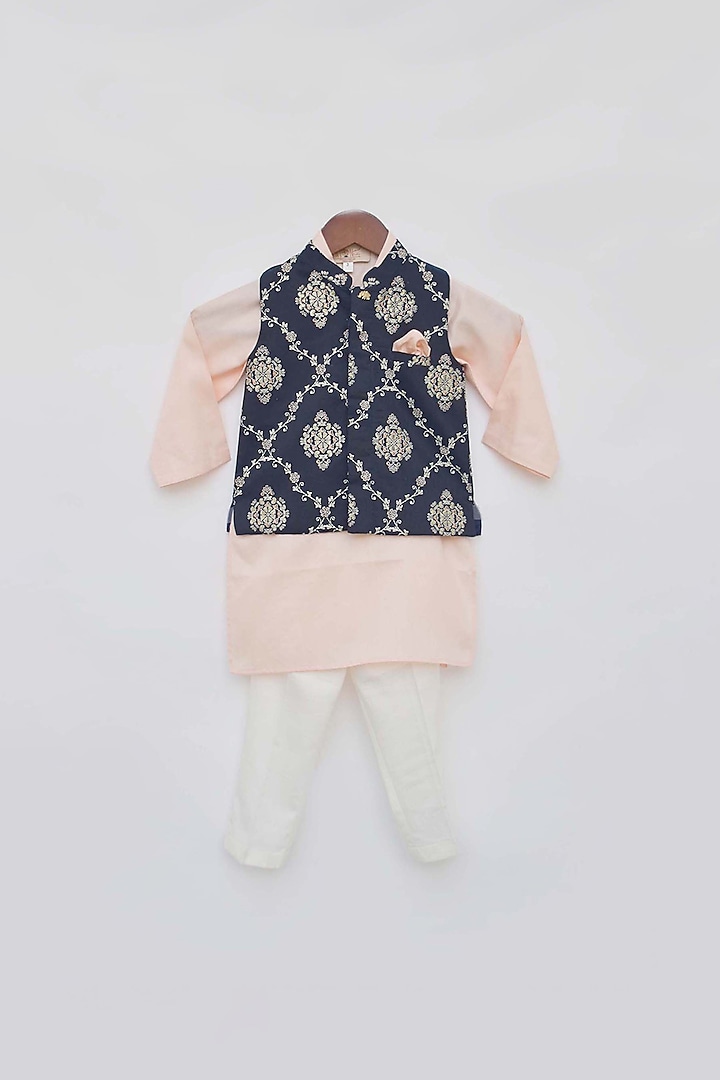 Peach Kurta Set With Midnight Blue Nehru Jacket For Boys by Fayon Kids