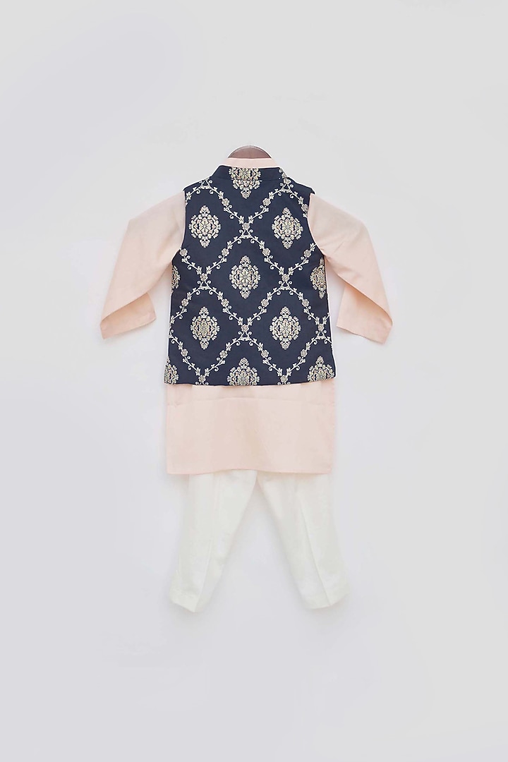 Peach Kurta Set With Midnight Blue Nehru Jacket For Boys by Fayon Kids at Pernia's Pop Up Shop