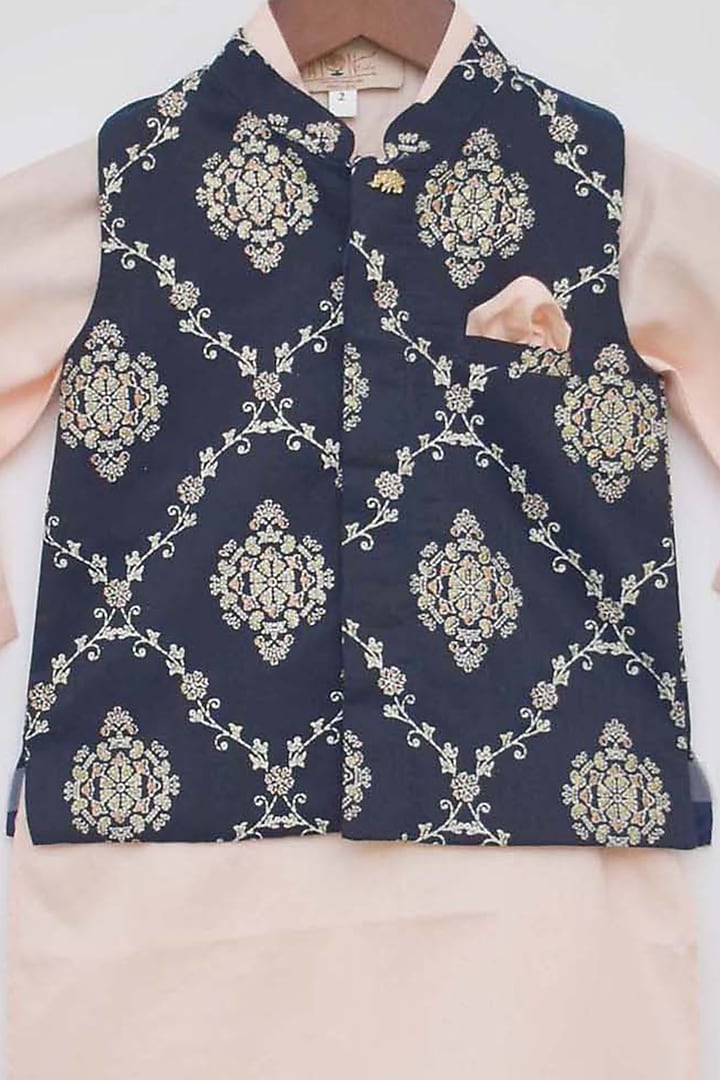 Peach Kurta Set With Midnight Blue Nehru Jacket For Boys by Fayon Kids at Pernia's Pop Up Shop
