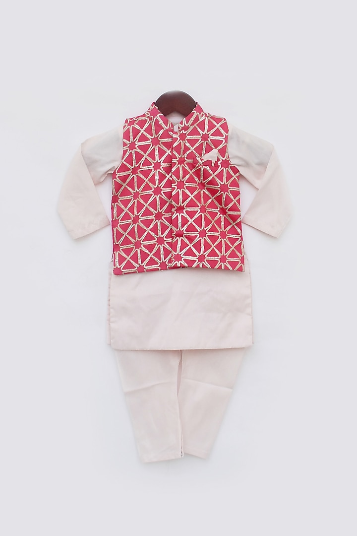 Rose Pink Cotton Silk Embroidered Nehru Jacket Set For Boys by Fayon Kids at Pernia's Pop Up Shop