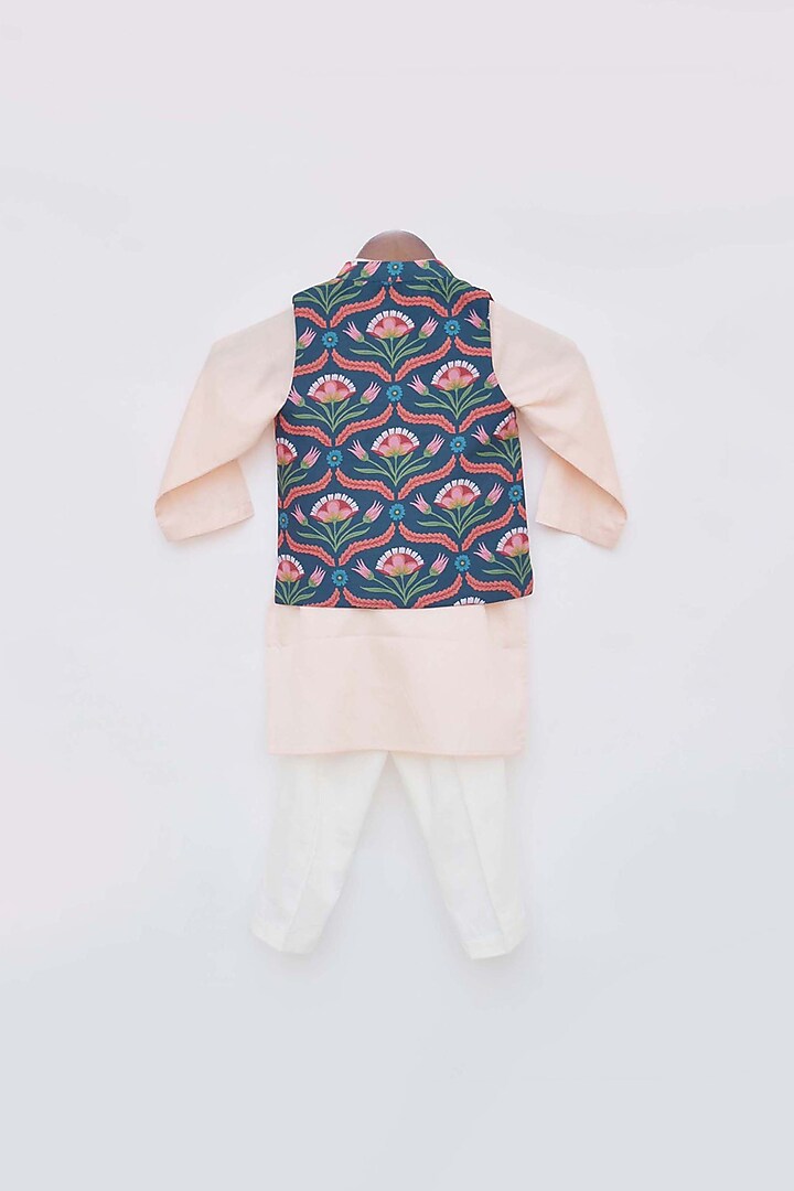 Peach Kurta Set With Multi-Colored Nehru Jacket For Boys by Fayon Kids at Pernia's Pop Up Shop