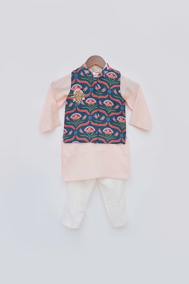Peach Kurta Set With Multi-Colored Nehru Jacket For Boys by Fayon Kids at Pernia's Pop Up Shop