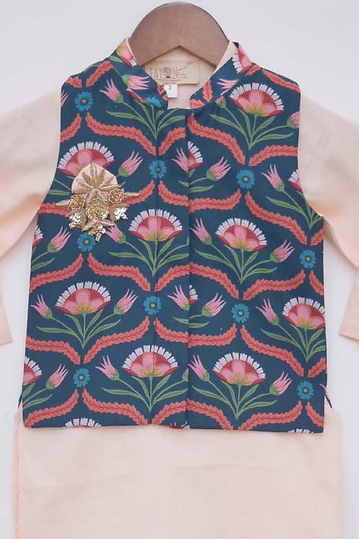 Peach Kurta Set With Multi-Colored Nehru Jacket For Boys by Fayon Kids at Pernia's Pop Up Shop