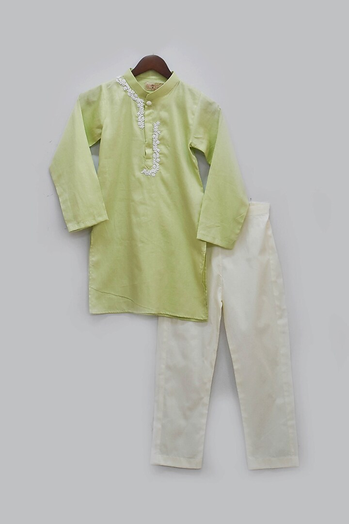 Greenish Beige Embroidered Kurta set For Boys by Fayon Kids