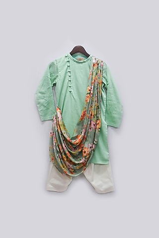 Mint Green Cotton Silk Kurta Set For Boys by Fayon Kids