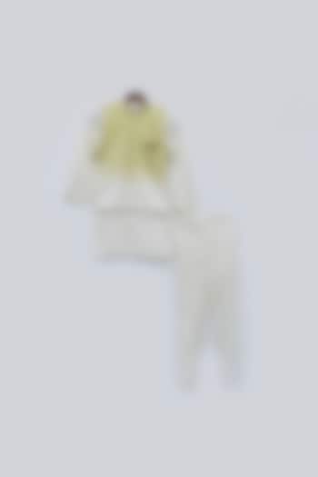 Off-White Kurta Set With Greenish Beige Shaded Nehru Jacket For Boys by Fayon Kids