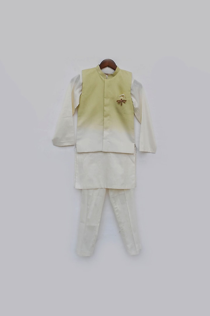 Greenish Beige Shaded Cotton Silk Nehru Jacket Set For Boys by Fayon Kids at Pernia's Pop Up Shop