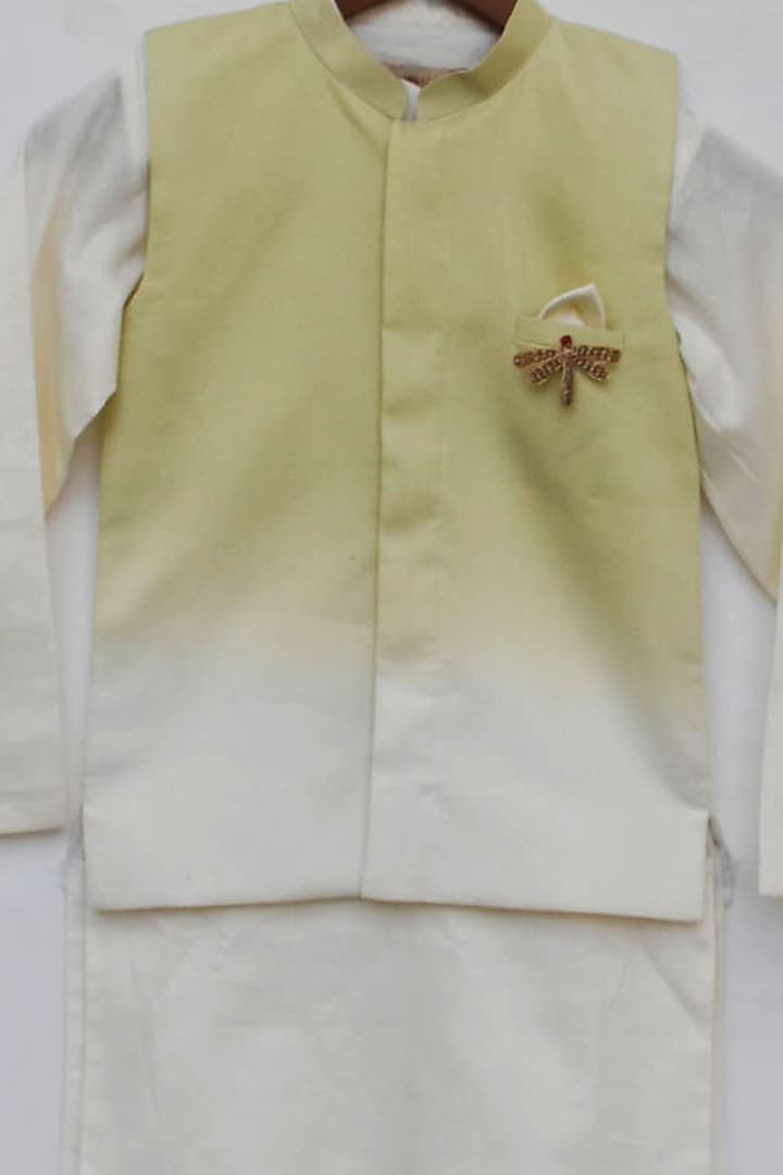 Greenish Beige Shaded Cotton Silk Nehru Jacket Set For Boys by Fayon Kids at Pernia's Pop Up Shop