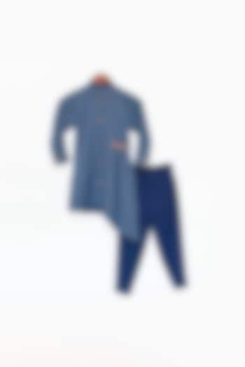 Bluish Grey Georgette Asymmetrical Kurta Set For Boys by Fayon Kids at Pernia's Pop Up Shop