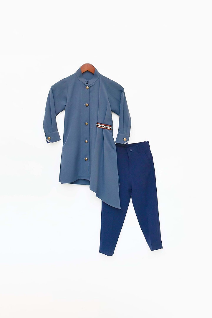 Bluish Grey Georgette Asymmetrical Kurta Set For Boys by Fayon Kids at Pernia's Pop Up Shop