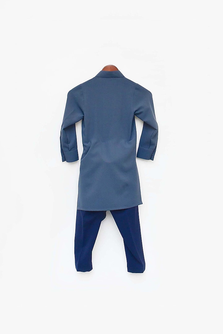 Bluish Grey Georgette Asymmetrical Kurta Set For Boys by Fayon Kids at Pernia's Pop Up Shop