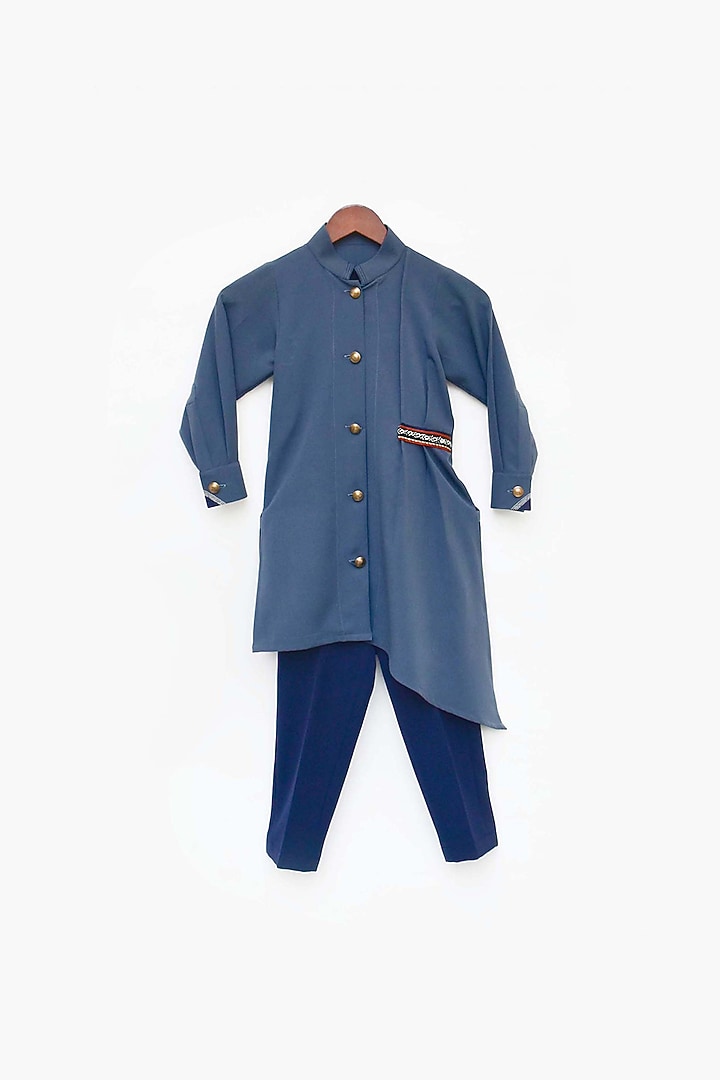 Bluish Grey Georgette Asymmetrical Kurta Set For Boys by Fayon Kids at Pernia's Pop Up Shop