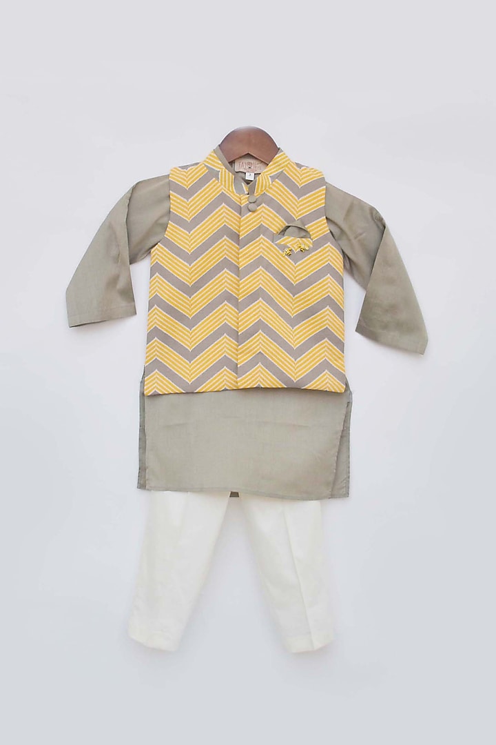 Honey Yellow Cotton Silk Nehru Jacket Set For Boys by Fayon Kids at Pernia's Pop Up Shop