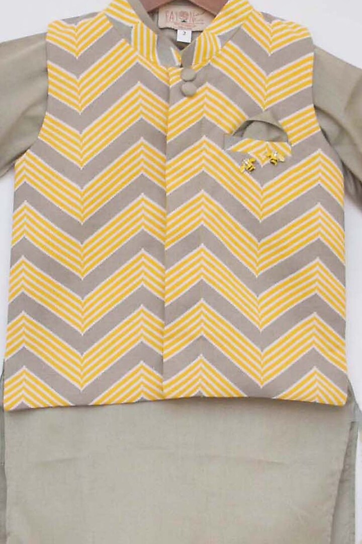 Honey Yellow Cotton Silk Nehru Jacket Set For Boys by Fayon Kids at Pernia's Pop Up Shop