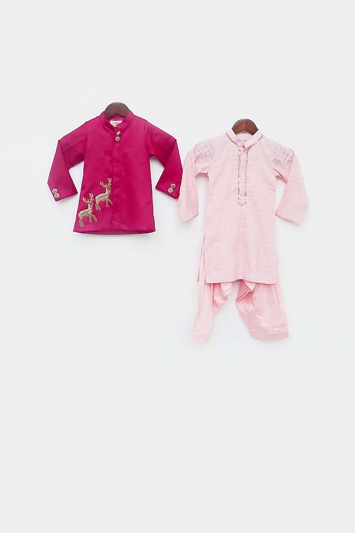 Hot Pink Cotton Silk Bandhgala Jacket Set For Boys by Fayon Kids at Pernia's Pop Up Shop