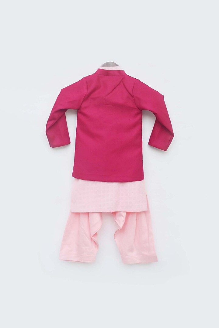 Hot Pink Cotton Silk Bandhgala Jacket Set For Boys by Fayon Kids at Pernia's Pop Up Shop