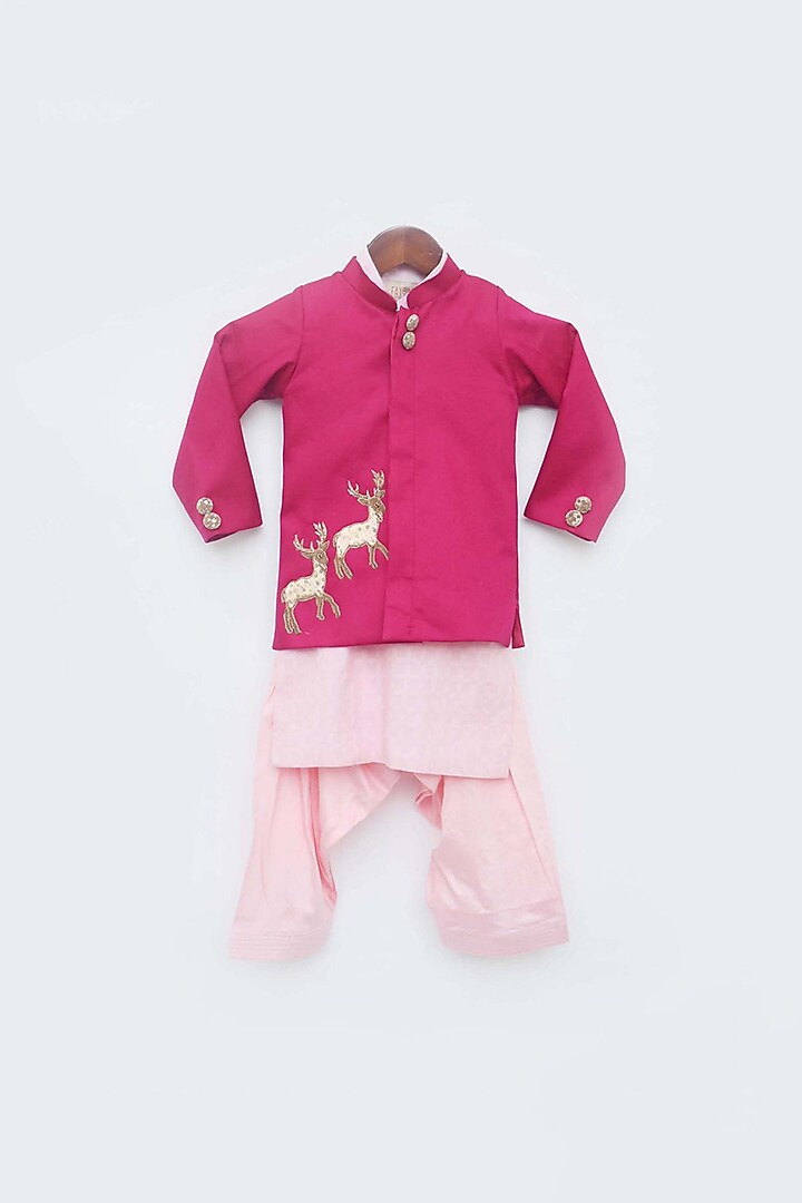 Hot Pink Cotton Silk Bandhgala Jacket Set For Boys by Fayon Kids at Pernia's Pop Up Shop