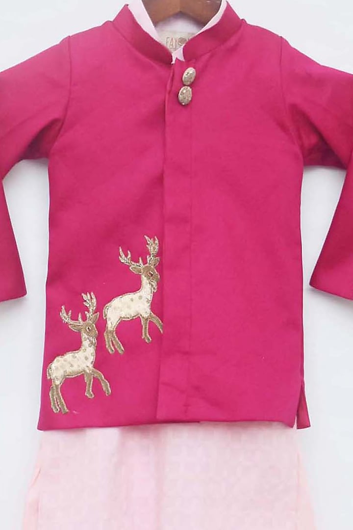 Hot Pink Cotton Silk Bandhgala Jacket Set For Boys by Fayon Kids at Pernia's Pop Up Shop