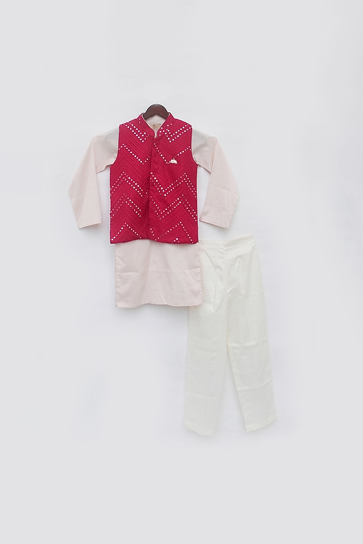 Baby Pink Kurta Set With Cherry Tomato Nehru Jacket For Boys by Fayon Kids