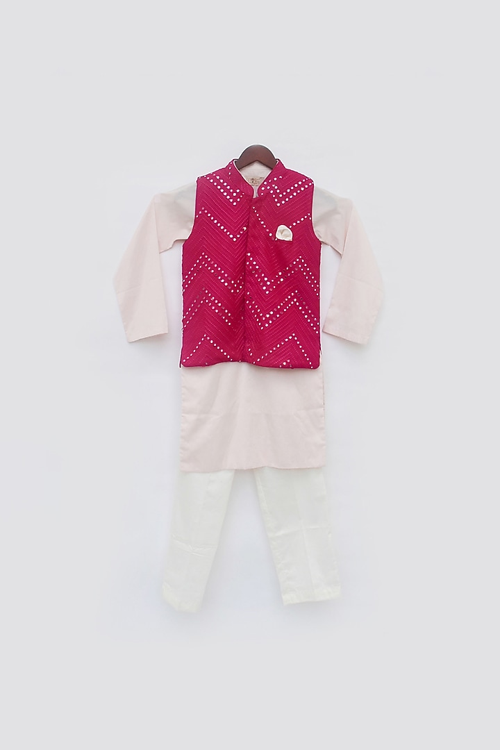 Cherry Tomato Cotton Silk Embroidered Nehru Jacket For Boys by Fayon Kids at Pernia's Pop Up Shop