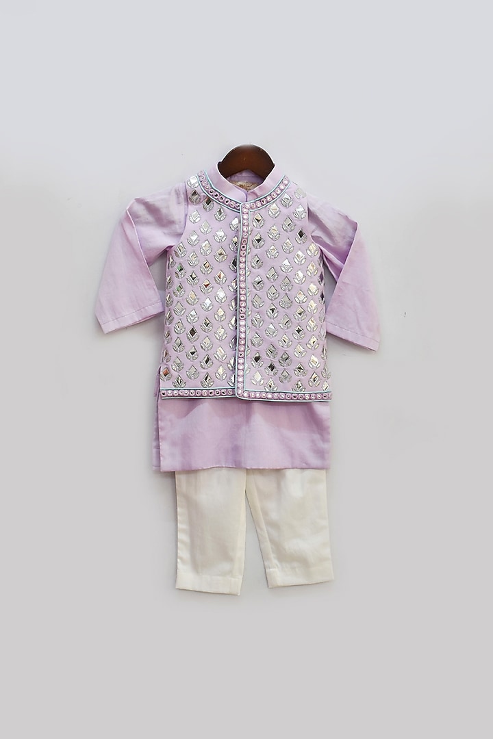 Lilac Cotton Silk Nehru Jacket Set For Boys by Fayon Kids at Pernia's Pop Up Shop