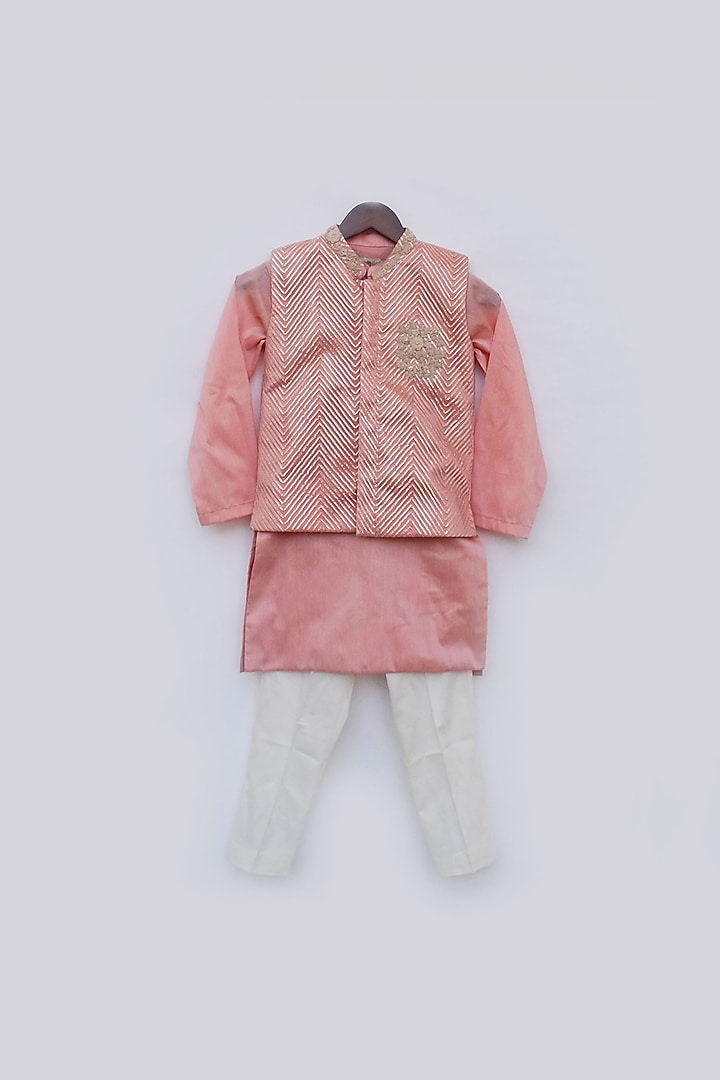 Dark Peach Cotton Silk Nehru Jacket Set For Boys by Fayon Kids at Pernia's Pop Up Shop