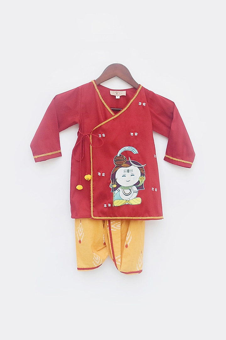 Fiery Red Cotton Silk Graphic Printed Kurta Set For Boys by Fayon Kids at Pernia's Pop Up Shop