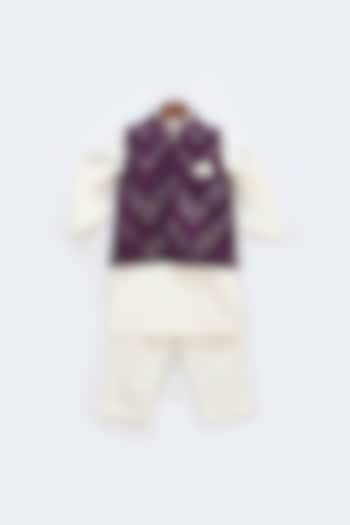 Off-White Kurta Set With Vintage Wine Nehru Jacket For Boys by Fayon Kids at Pernia's Pop Up Shop