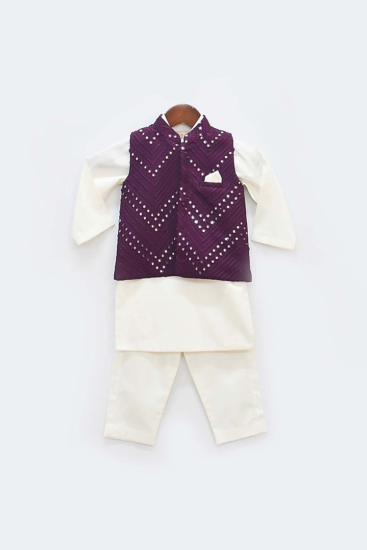 Off-White Kurta Set With Vintage Wine Nehru Jacket For Boys by Fayon Kids