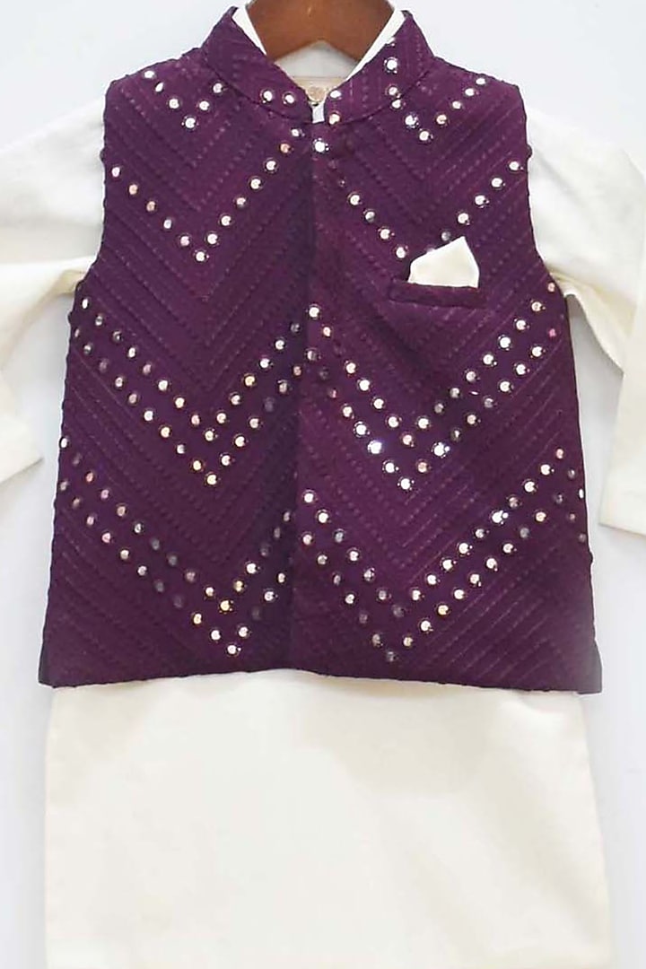 Vintage Wine Cotton Silk Embroidered Nehru Jacket Set For Boys by Fayon Kids at Pernia's Pop Up Shop