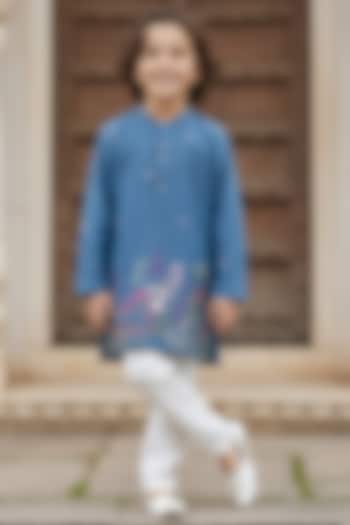 Blue Cotton Embroidered Kurta Set For Boys by Fayon Kids at Pernia's Pop Up Shop