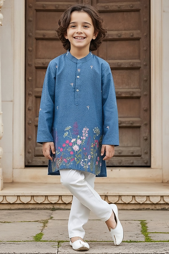 Blue Cotton Embroidered Kurta Set For Boys by Fayon Kids at Pernia's Pop Up Shop