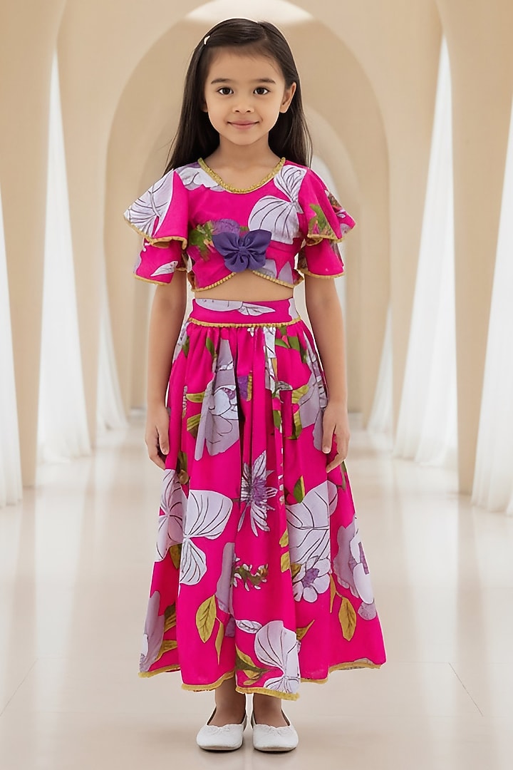 Pink Cotton Printed Lehenga Set For Girls by Fayon Kids at Pernia's Pop Up Shop
