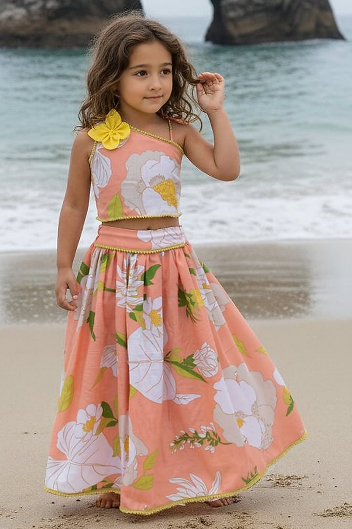 Orange Cotton Printed Lehenga Set For Girls by Fayon Kids at Pernia's Pop Up Shop