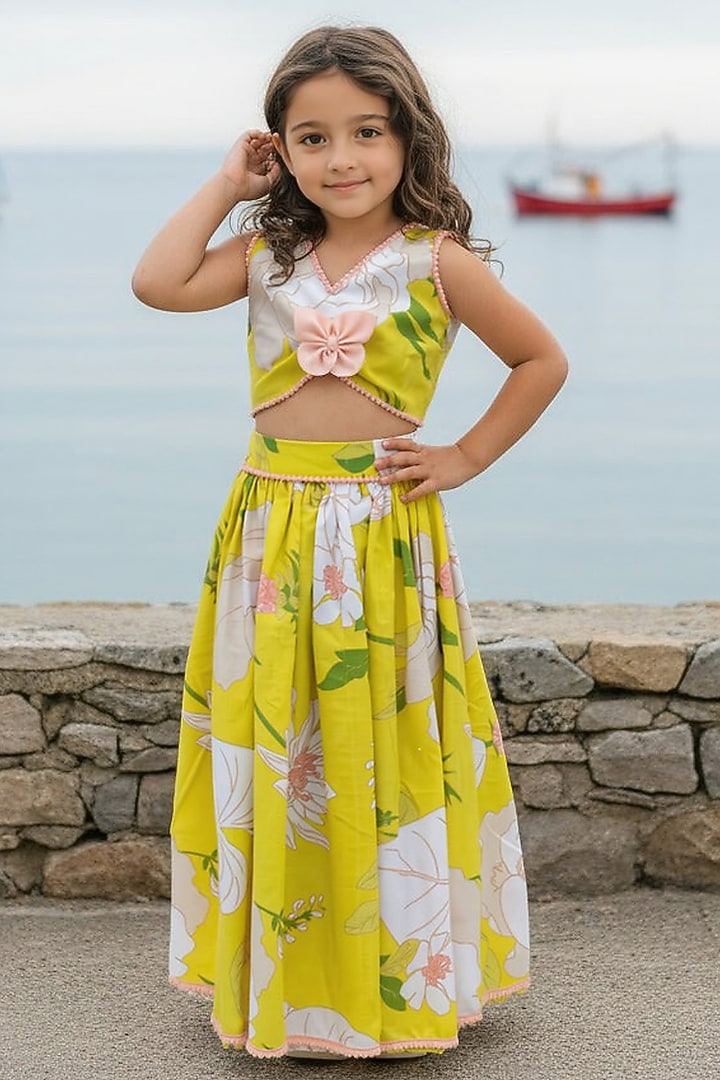 Yellow Cotton Printed Lehenga Set For Girls by Fayon Kids at Pernia's Pop Up Shop