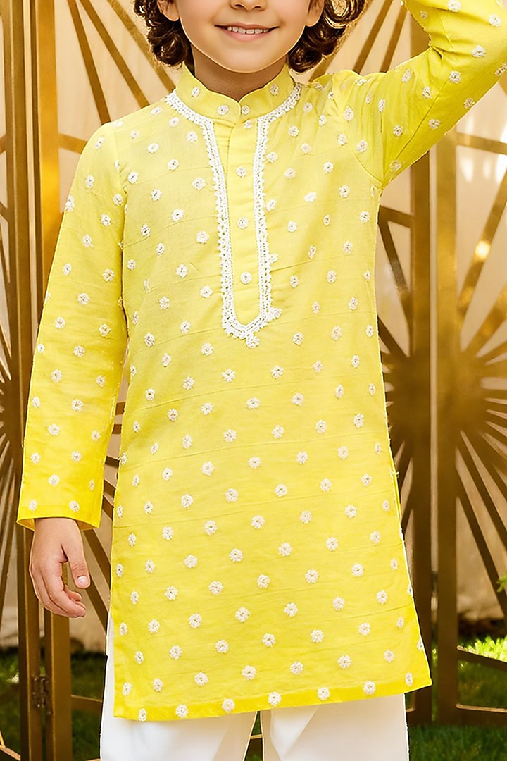 Yellow Chanderi Embroidered Kurta Set For Boys by Fayon Kids at Pernia's Pop Up Shop