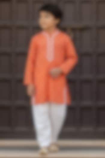 Orange Chanderi Embroidered Kurta Set For Boys by Fayon Kids at Pernia's Pop Up Shop