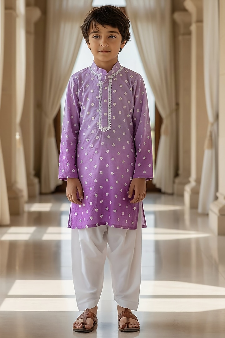 Lilac Chanderi Embroidered Kurta Set For Boys by Fayon Kids at Pernia's Pop Up Shop