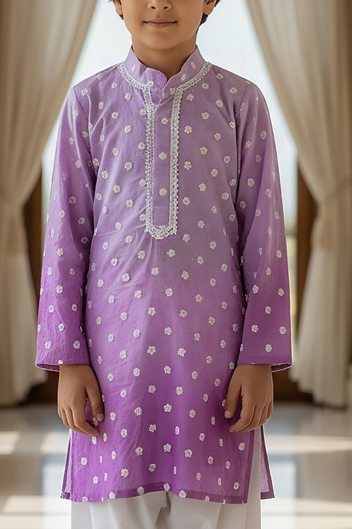 Lilac Chanderi Embroidered Kurta Set For Boys by Fayon Kids at Pernia's Pop Up Shop