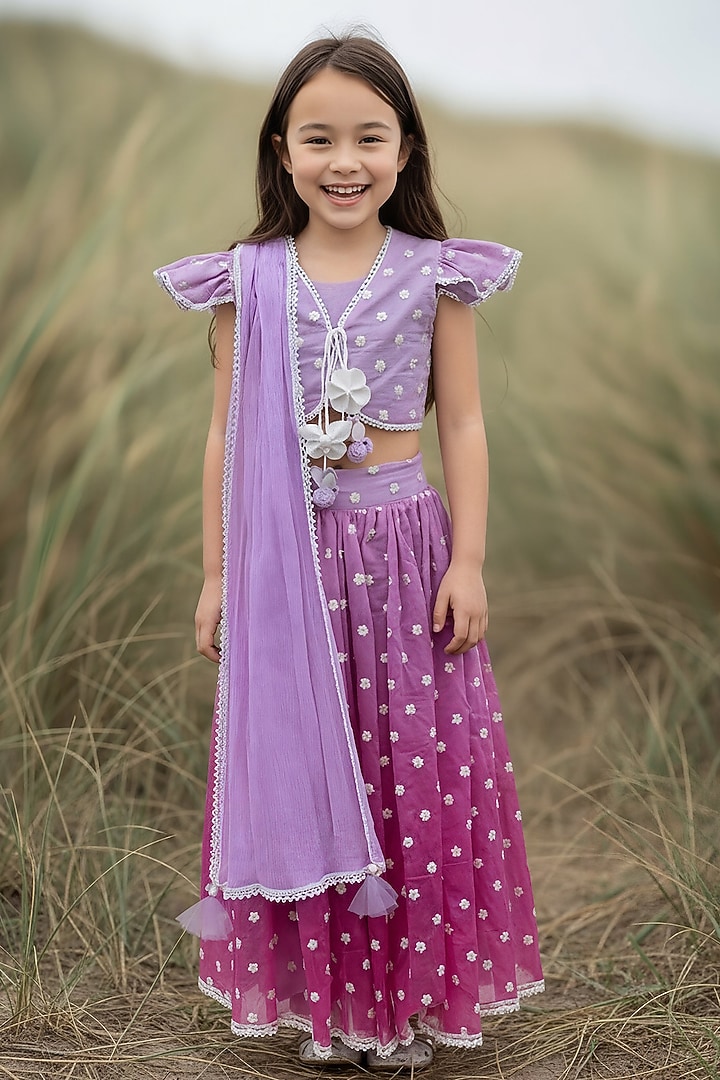 Pink Chanderi Embroidered Lehenga Set For Girls by Fayon Kids at Pernia's Pop Up Shop
