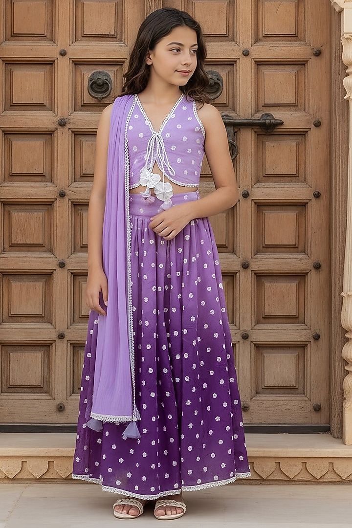 Lilac Chanderi Embroidered Lehenga Set For Girls by Fayon Kids at Pernia's Pop Up Shop