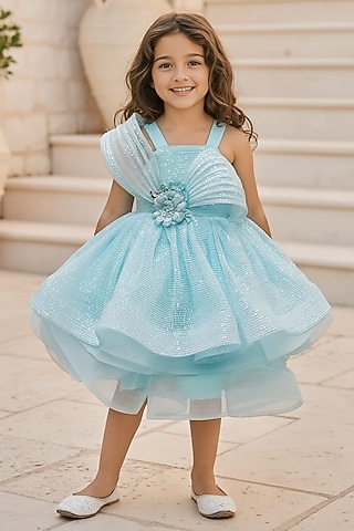 Blue Net Embroidered Dress For Girls by Fayon Kids